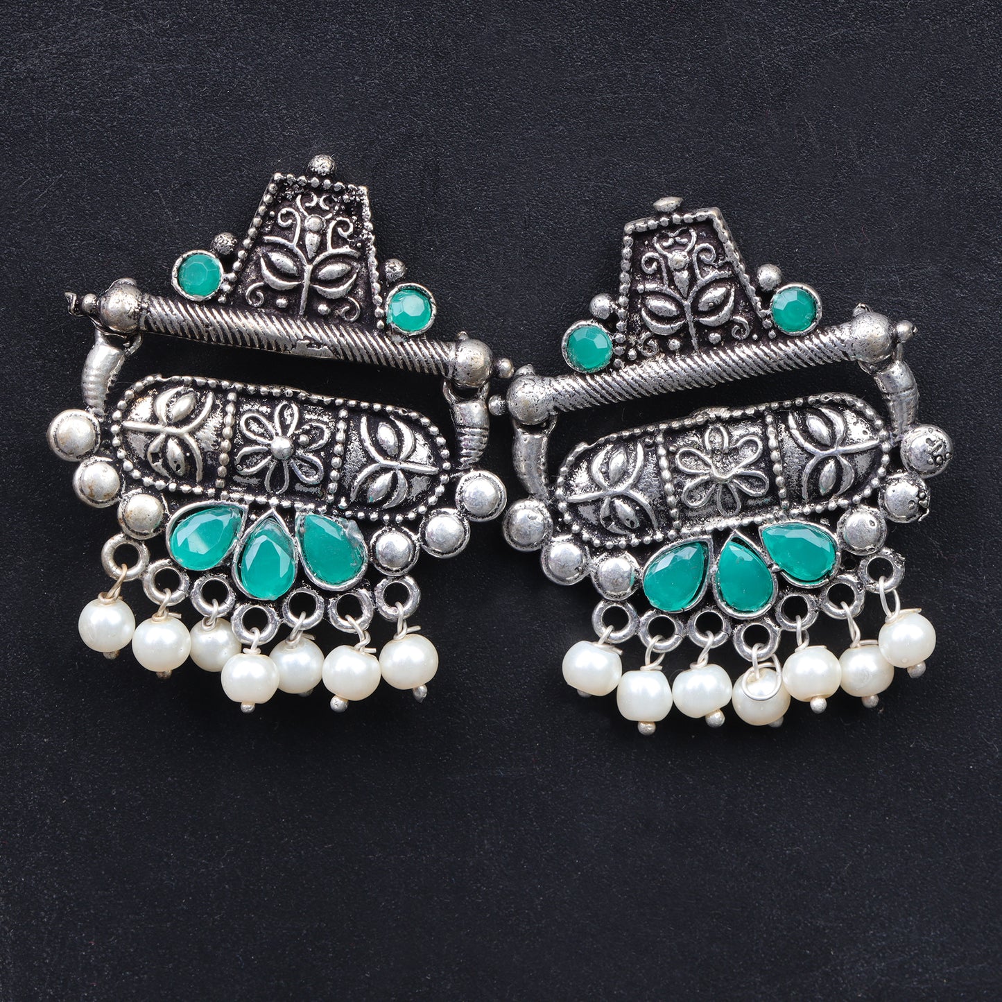 Green Stone Studded Oxidised Earrings With Hanging Pearl