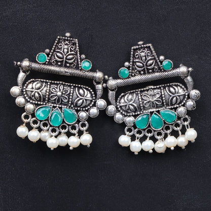 Green Stone Studded Oxidised Earrings With Hanging Pearl