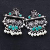 Green Stone Studded Oxidised Earrings With Hanging Pearl