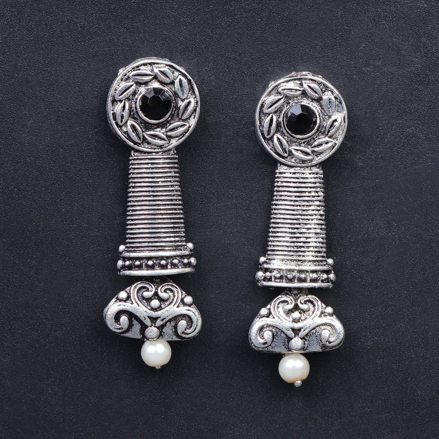 Black Stone Studded Delicate Oxidised Earrings With Hanging Pearl