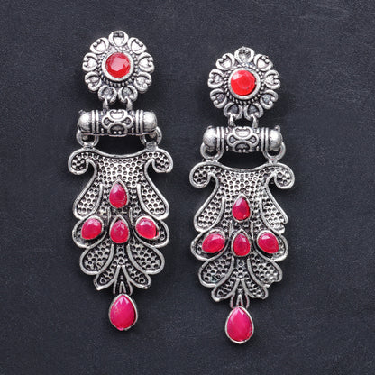 Red Stone Studded Rajwada Style Oxidised Earrings