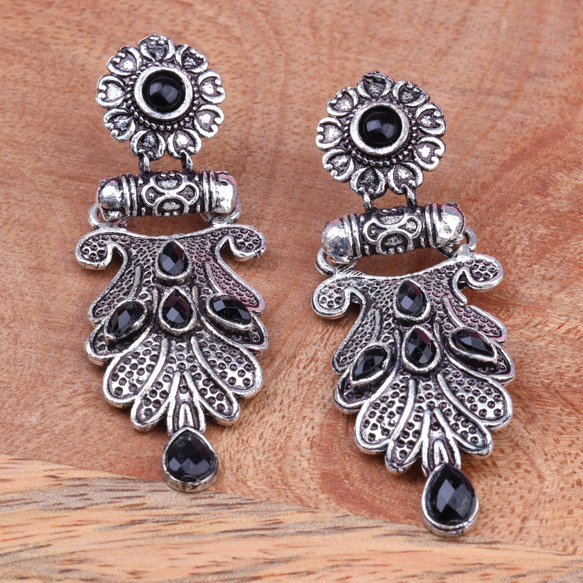 Buy Black Stone German Silver Oxidised Jhumka Earrings Online – The Jewelbox