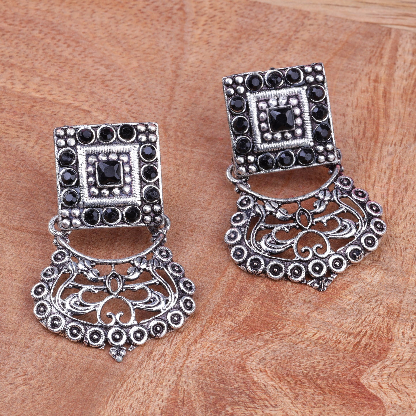 Black Stone Studded Oxidised Earrings