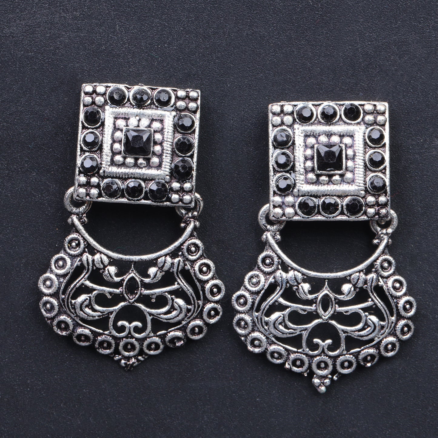 Black Stone Studded Oxidised Earrings