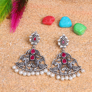 Red Stone Studded Oxidised Danglers