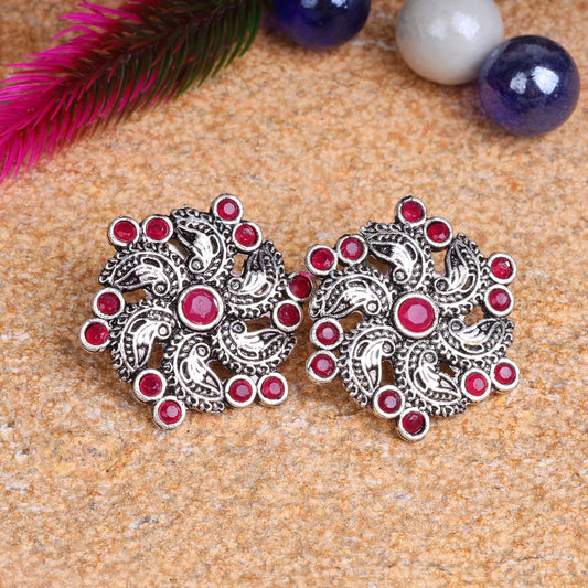 Red Stone Studded German Silver Stud Earrings