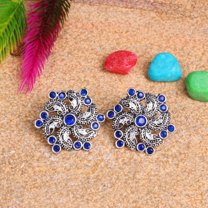 Blue Stone Studded German Silver Stud Earrings