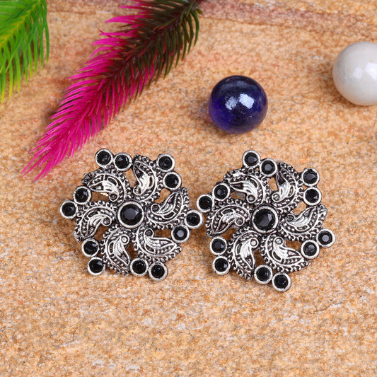 Black Stone Studded German Silver Stud Earrings