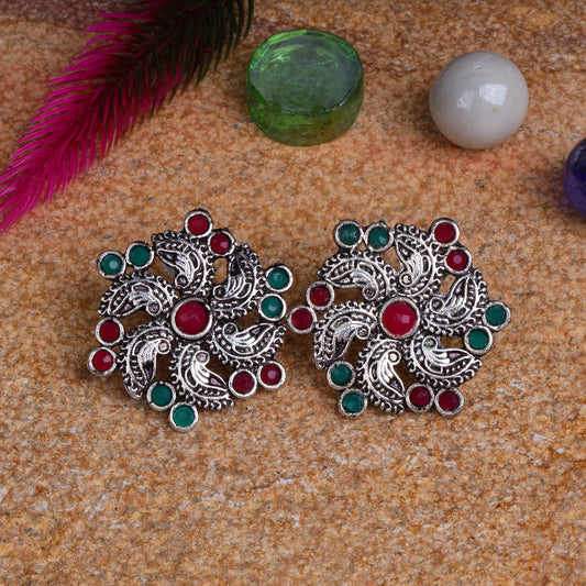 Multicolored Stone Studded German Silver Stud Earrings