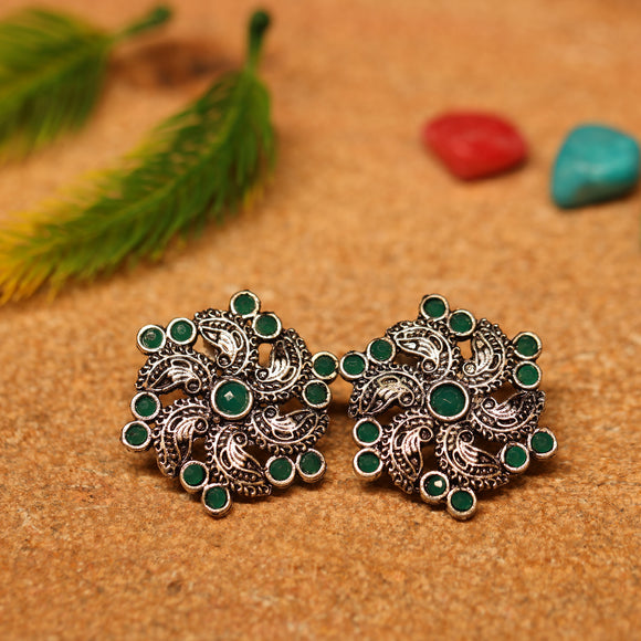 Green Stone Studded German Silver Stud Earrings