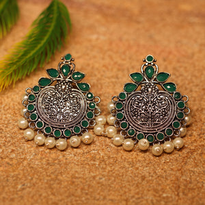 Green Stone Studded German Silver Statement Earrings