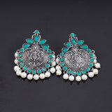 Green Stone Studded German Silver Statement Earrings