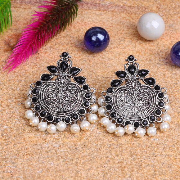 Black Stone Studded German Silver Statement Earrings