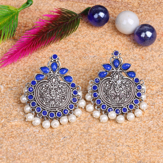 Blue Stone Studded German Silver Statement Earrings