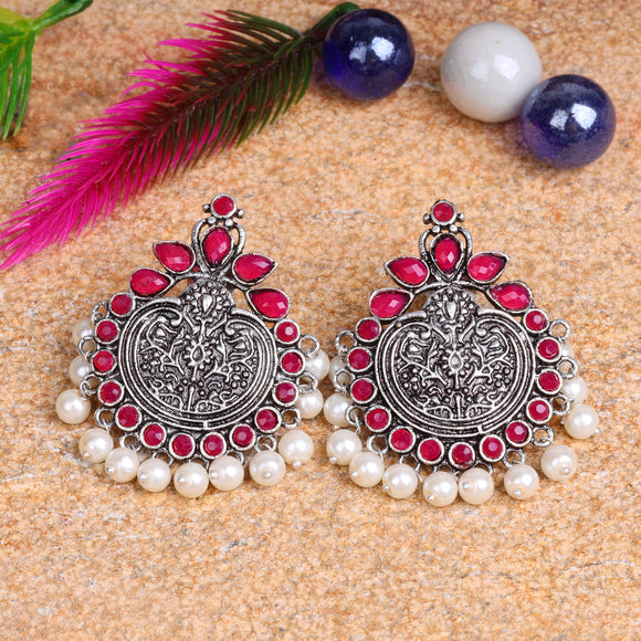 Red Stone Studded German Silver Statement Earrings