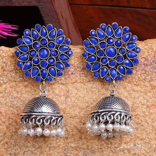 Blue Stone Studded German Silver Statement Earrings With Brass Jhumki