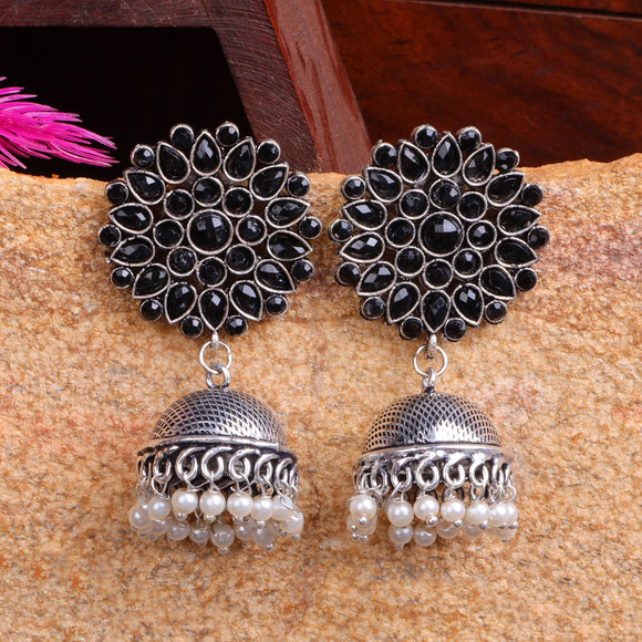Black Stone Studded German Silver Statement Earrings With Brass Jhumki