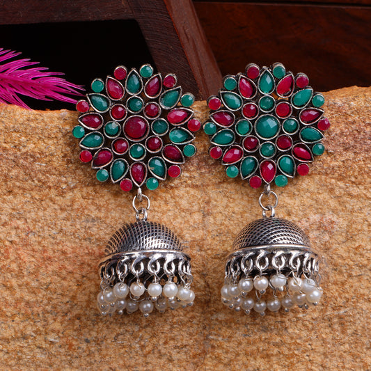 Multicolored Stone Studded German Silver Statement Earrings With Brass Jhumki