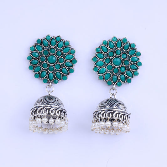 Green Stone Studded German Silver Statement Earrings With Brass Jhumki