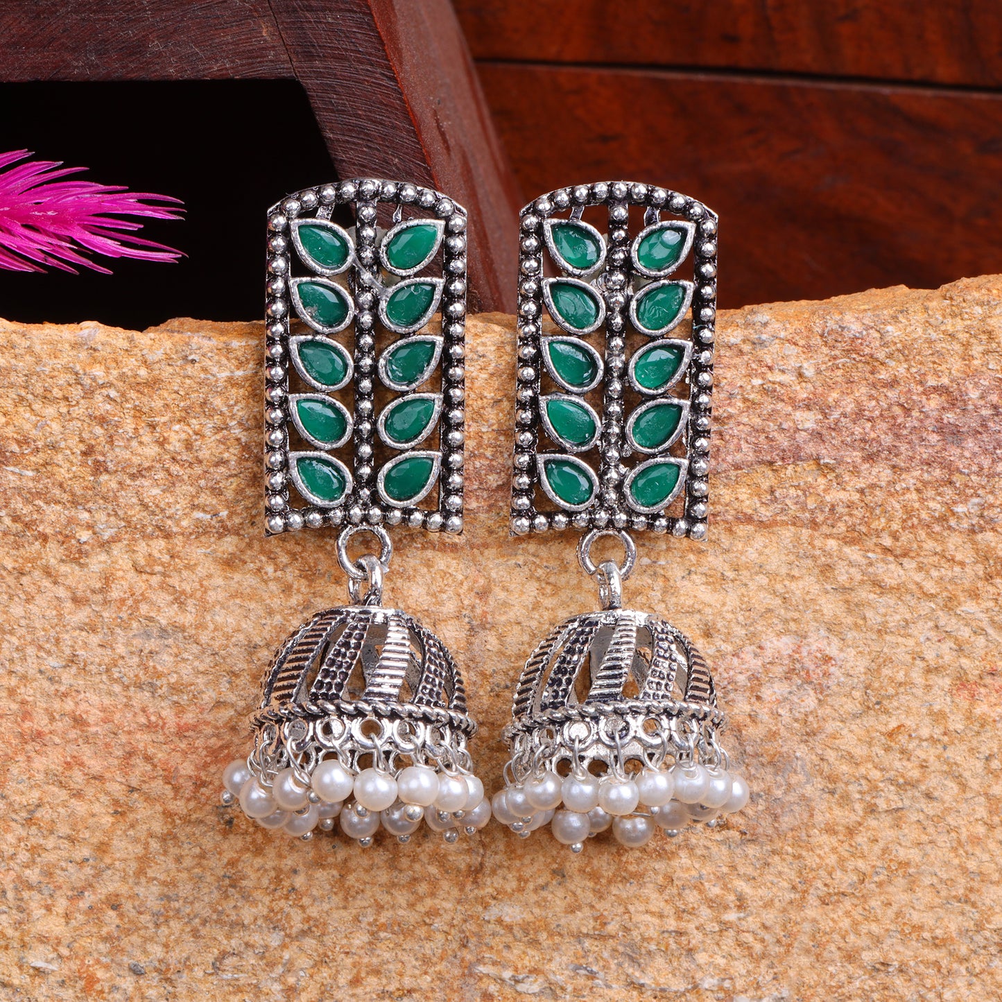 Green Stone Studded German Silver Statement Earrings With Brass Jhumki