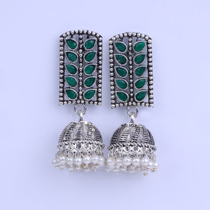 Green Stone Studded German Silver Statement Earrings With Brass Jhumki