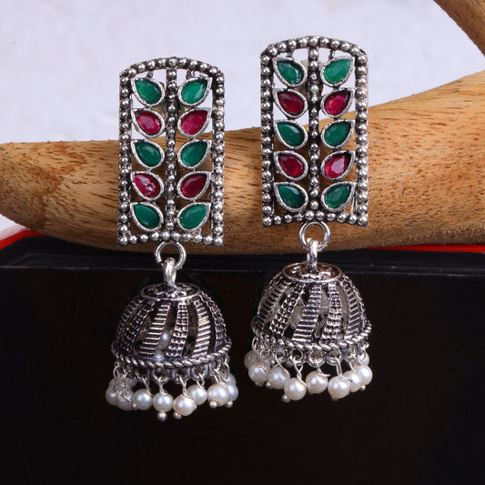 Multicolored Stone Studded German Silver Statement Earrings With Brass Jhumki