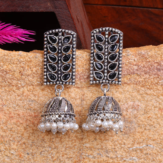 Black Stone Studded German Silver Statement Earrings With Brass Jhumki