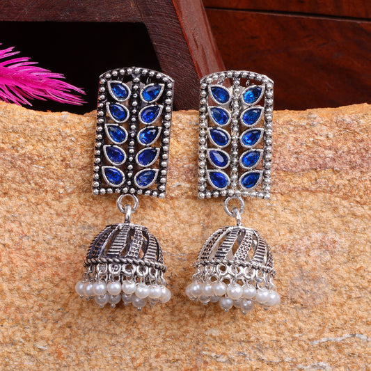 Blue Stone Studded German Silver Statement Earrings With Brass Jhumki