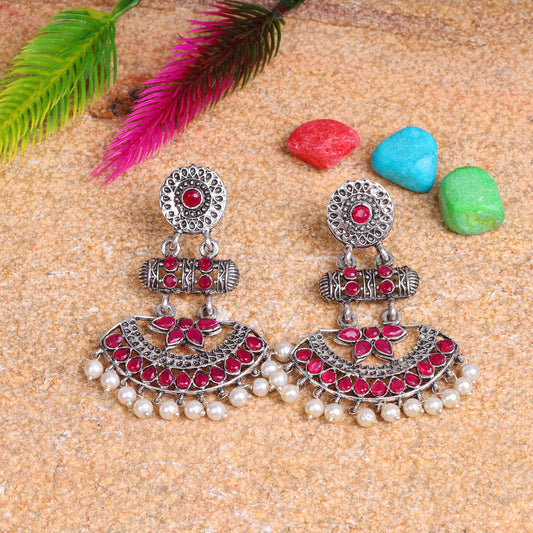 Red Stone Studded Rajwada Statement Earrings