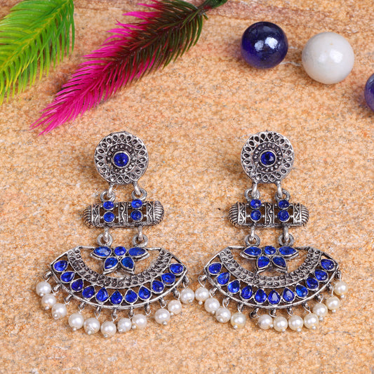 Blue Stone Studded Rajwada Statement Earrings