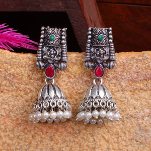 Multicolored Stone Studded German Silver Earrings With Brass Jhumki