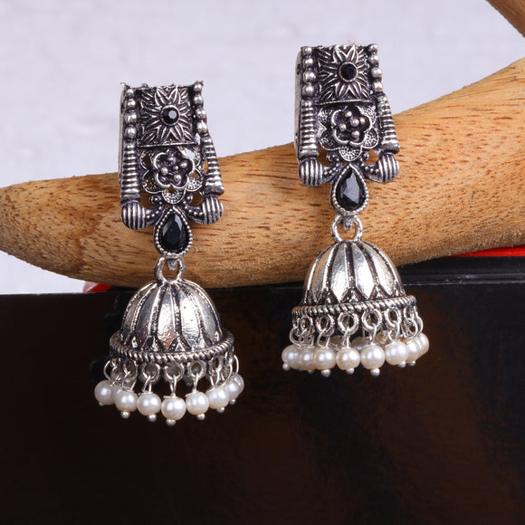 Black Stone Studded German Silver Earrings With Brass Jhumki