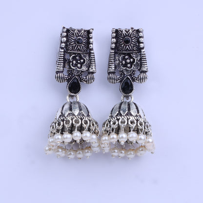 Black Stone Studded German Silver Earrings With Brass Jhumki