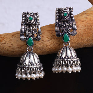 Green Stone Studded German Silver Earrings With Brass Jhumki