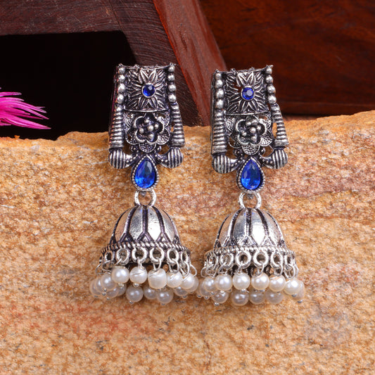 Blue Stone Studded German Silver Earrings With Brass Jhumki