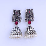 Red Stone Studded German Silver Earrings With Brass Jhumki
