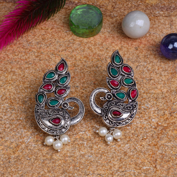 Multicolored Stone Studded Peacock German Silver Earrings With Hanging Pearls
