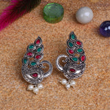 Multicolored Stone Studded Peacock German Silver Earrings With Hanging Pearls
