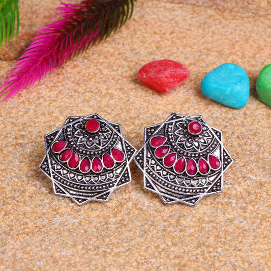 Red Stone Studded Geometrical German Silver Stud Earrings