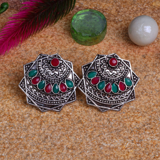 Multicolored Stone Studded Geometrical German Silver Stud Earrings