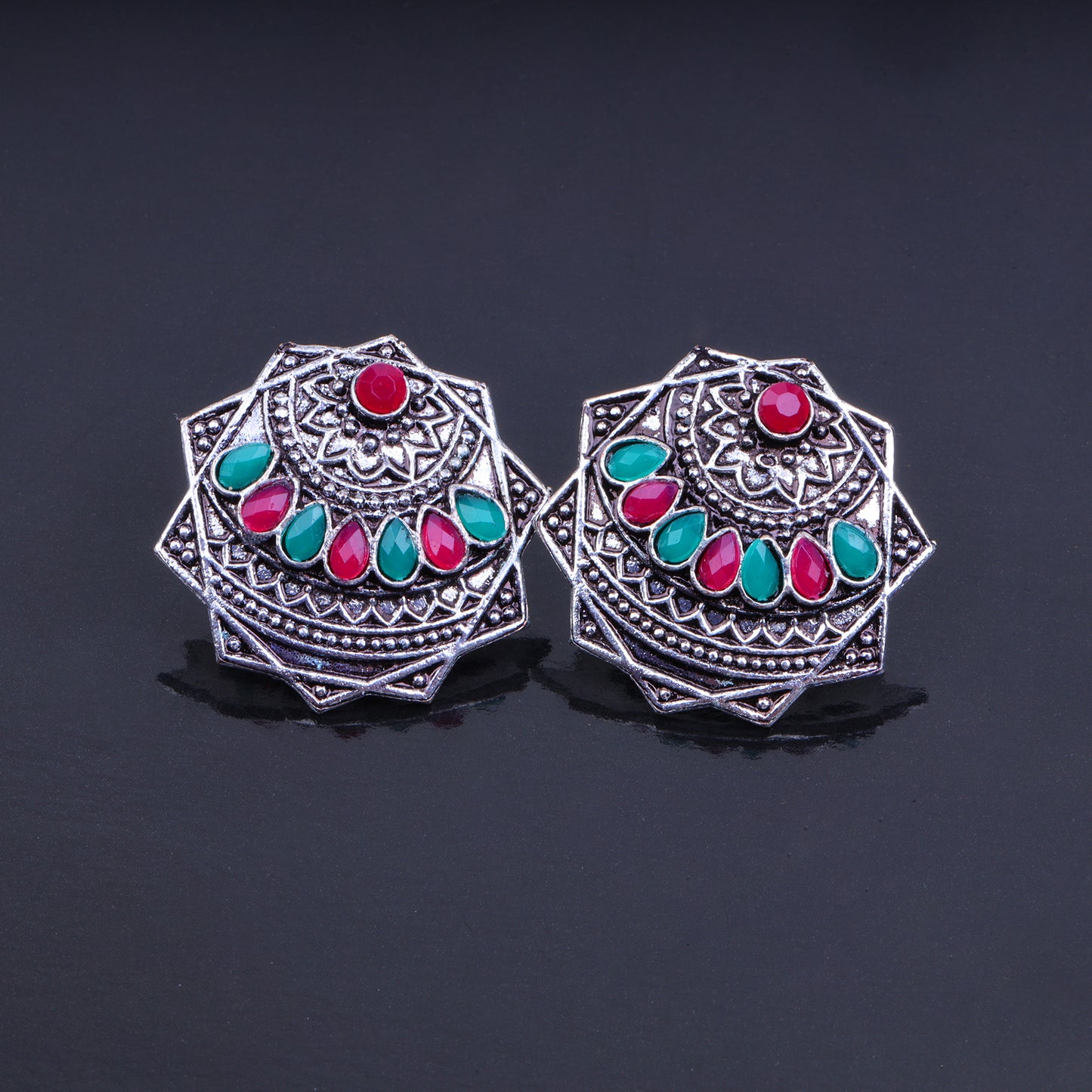 Multicolored Stone Studded Geometrical German Silver Stud Earrings