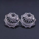 Black Stone Studded Geometrical German Silver Stud Earrings