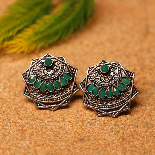 Green Stone Studded Geometrical German Silver Stud Earrings