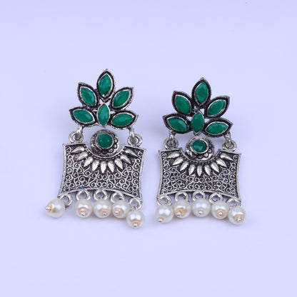 Green Stone Studded Rectangular Earrings