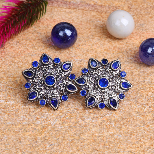 Blue Stone Studded Star Shaped German Silver Stud Earrings