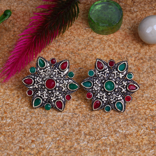 Multicolored Stone Studded Star Shaped German Silver Stud Earrings