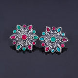 Multicolored Stone Studded Star Shaped German Silver Stud Earrings
