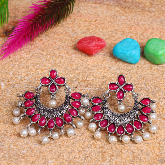 Red Stone Studded Statement German Silver Dangler Earrings