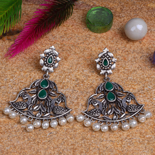 Green Stone Studded Oxidised Danglers