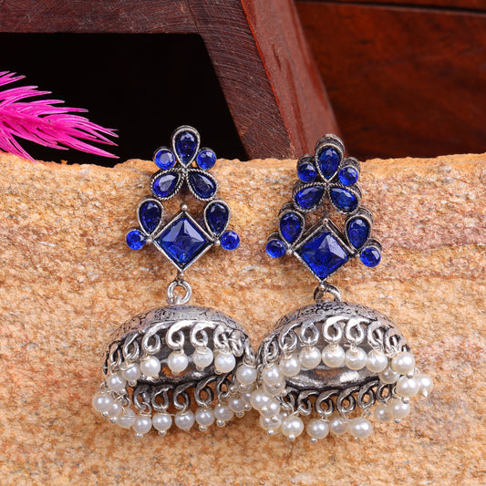 Blue Stone Studded German Silver Dangler Earrings With Brass Jhumki